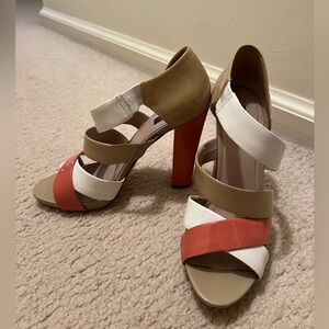 Joan & David Banded Peach, Tan, White Heels, size 7.5